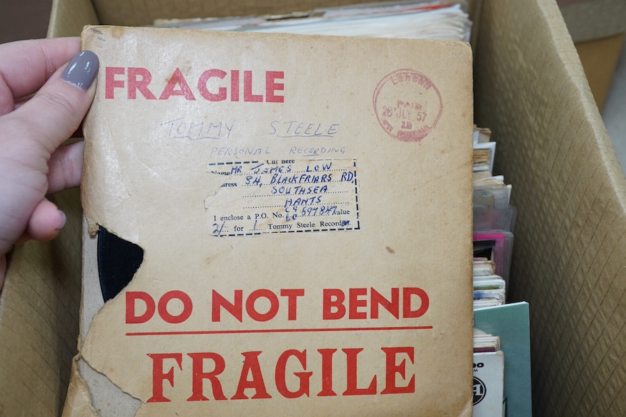 Three boxes of 7 inch singles, on various record labels including; Columbia, Decca, CBS, Phillips, etc., artists include; Helen Shapiro Frank Sinatra, Cliff Richard, the Tornadoes, the Searchers, Simon & Garfunkel, the E